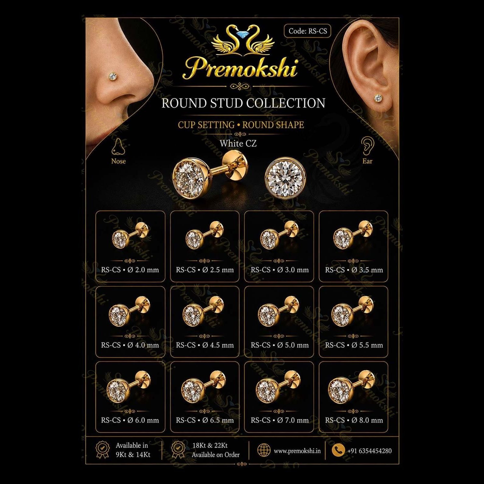 9KT/14KT Gold Round Stud Collection Cup Setting Round Shape Manufacturer, Wholesaler & Supplier in Delhi | Premokshi Ornaments